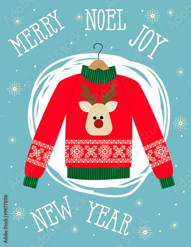 illustration of a red Christmas sweater with deer.Funny holiday background. Bright Christmas card.