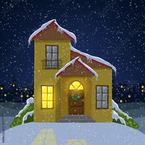 Winter house illustration in snowfall, with Christmas wreath on the door.