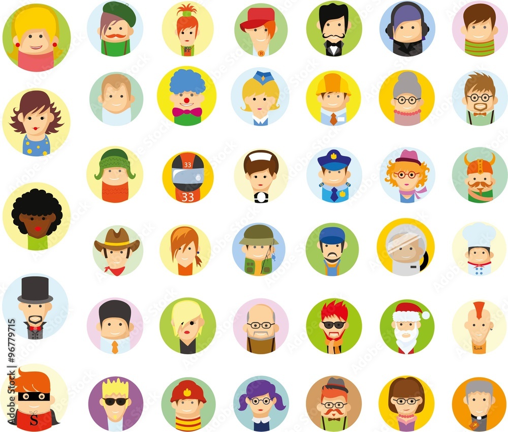 Obraz premium Set of vector cute character avatar icons in flat design 