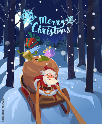 Santa Claus in a sleigh with presents in a hurry for the holiday. Christmas greeting card poster. Vector.