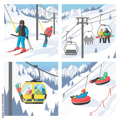 Snowboarder sitting in ski gondola and lift elevators. Winter sport resort background