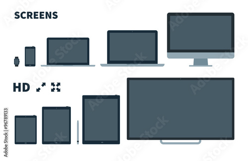 Flat TV screen, phone, monitor, laptop, tablet and watch with Full screen icons