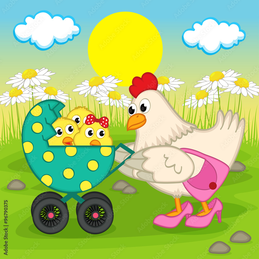 Obraz premium Mother chicken with chickens in stroller - vector illustration, eps