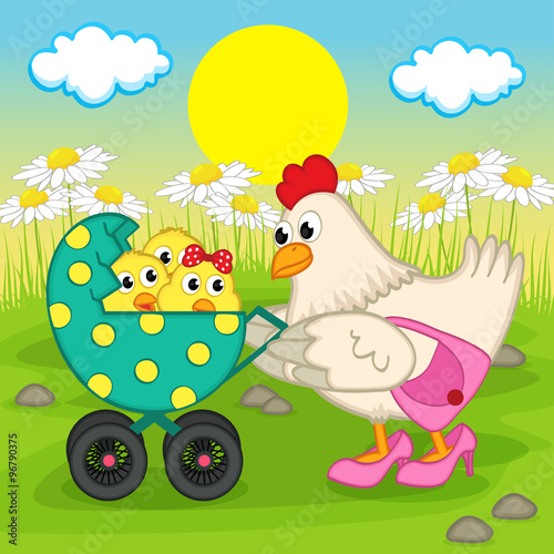 Mother chicken with chickens in stroller - vector illustration  eps