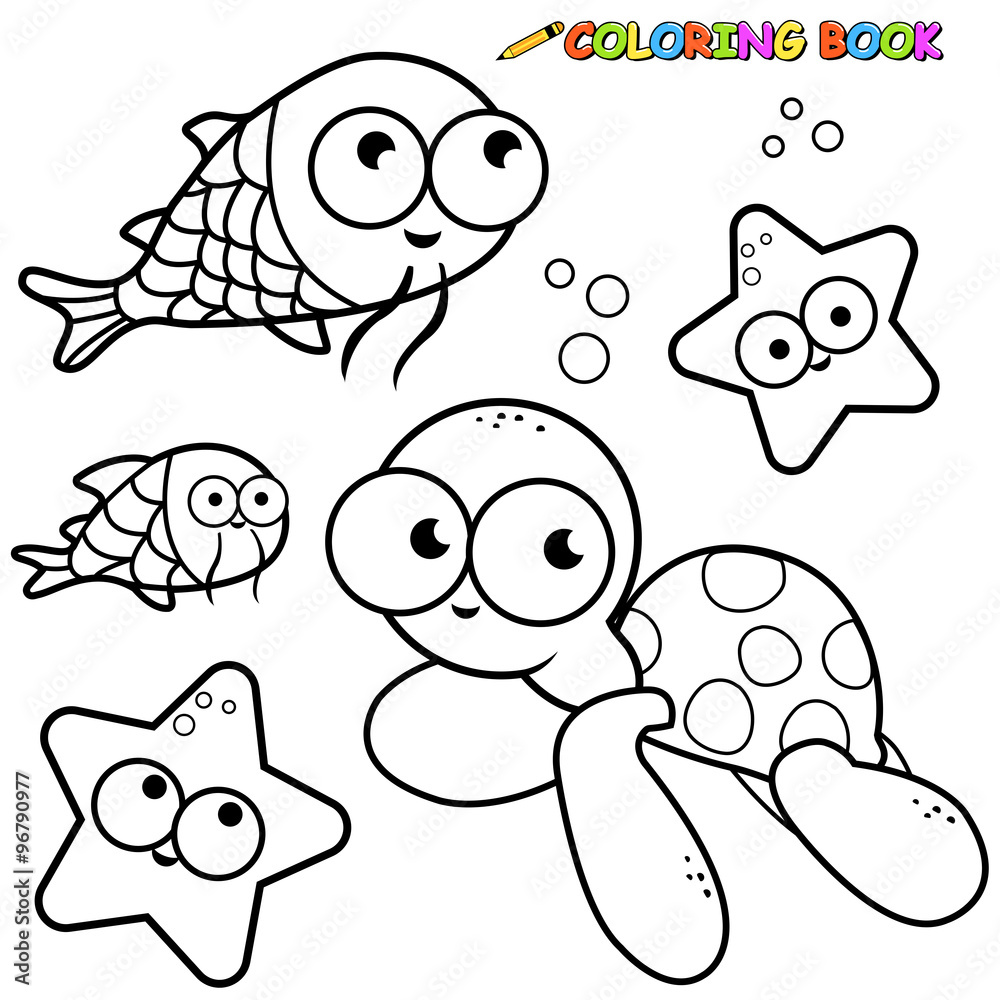 Sea Animals Swimming Underwater Vector Black And White Coloring Page Stock Vector Adobe Stock