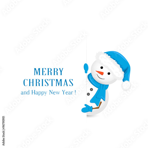 Snowman in blue hat and Christmas greetings