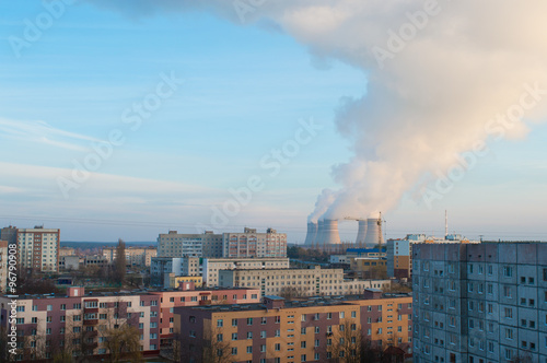 nuclear power station and smoke from the chimney