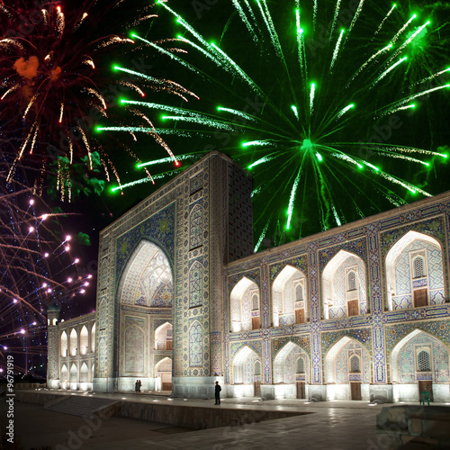Festive fireworks over the square Registan, Samarkand. Uzbekistan...