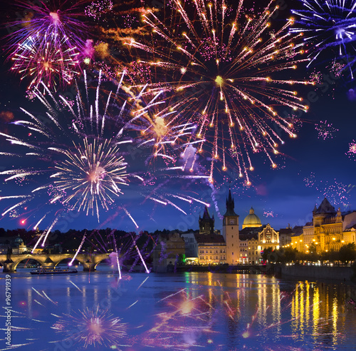 Photography Festive firework over Karl Bridge, Prague, the Czech Republic