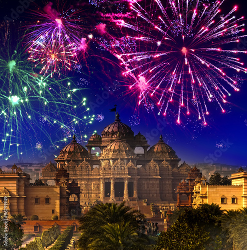 Festive firework over temple Akshardham, India. Delhi...