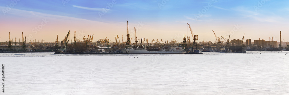 St. Petersburg. Seaport. Russia.View from the Gulf of Finland covered with ice. Panorama..