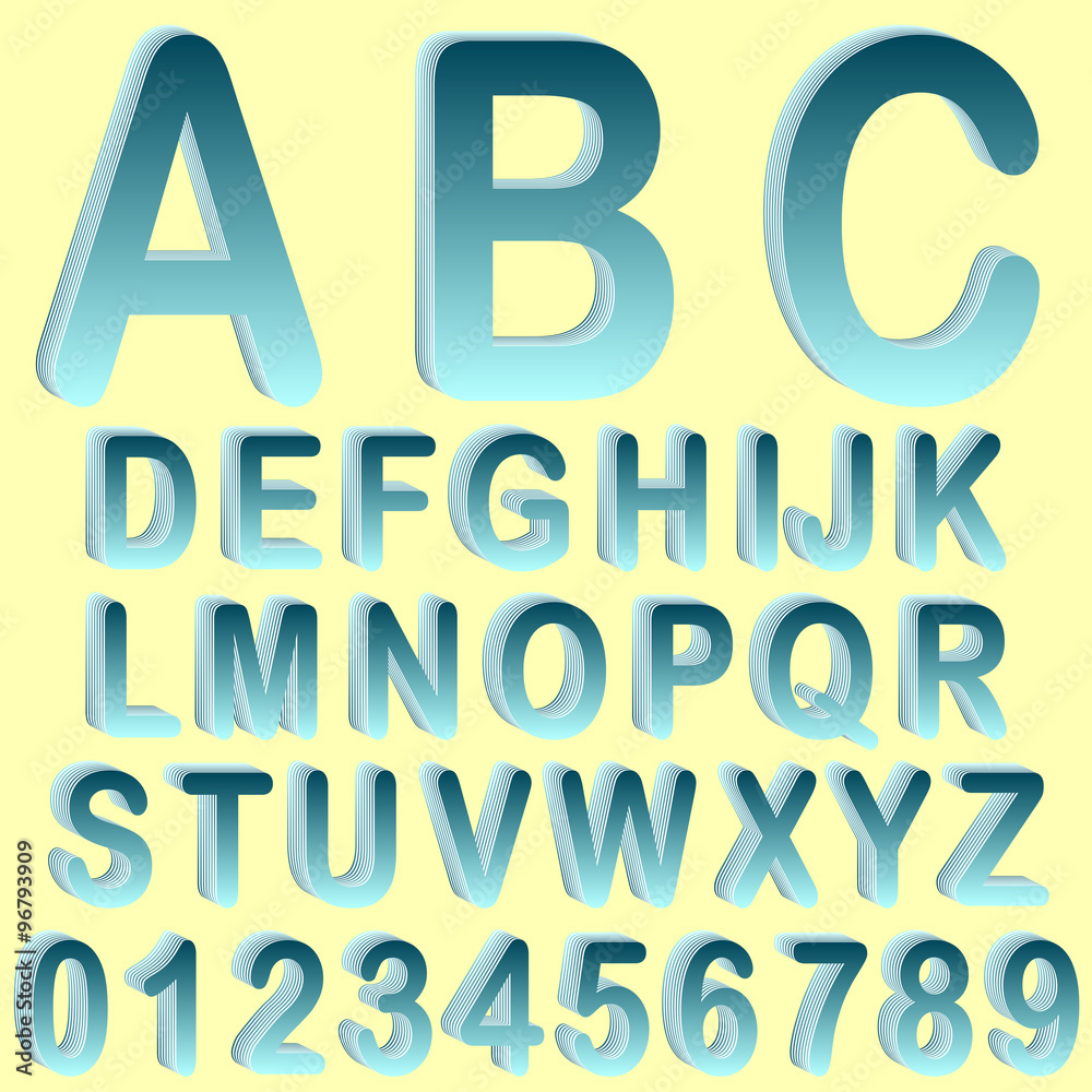 Blue isometric 3D font set