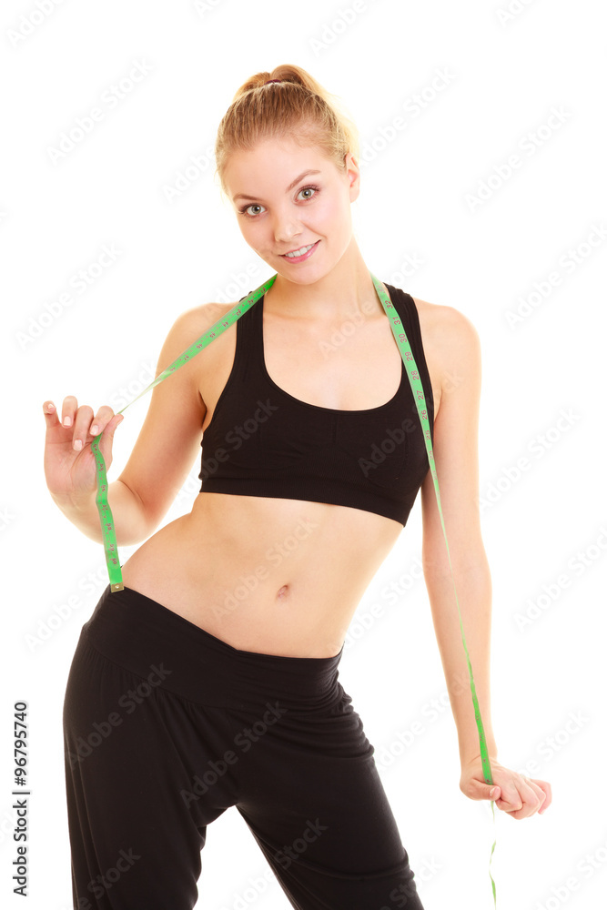 diet. slim blonde girl with green measure tape isolated diet. slim blonde girl with green measure tape isolated