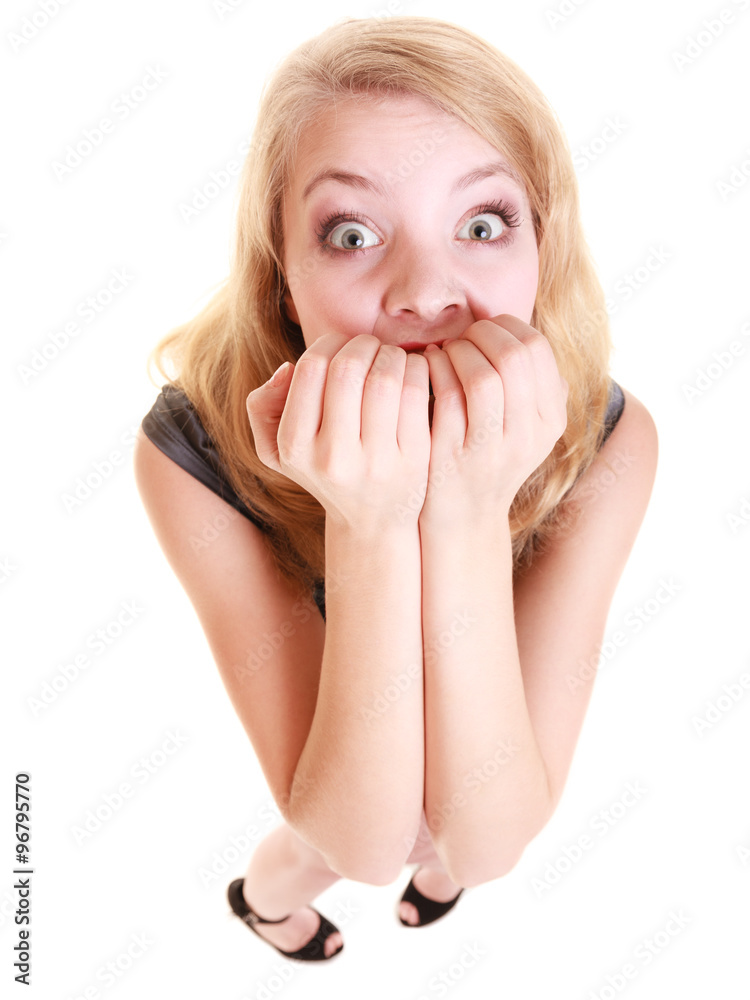Afraid businesswoman frightened woman. Stress in work. Afraid businesswoman frightened woman. Stress in work.