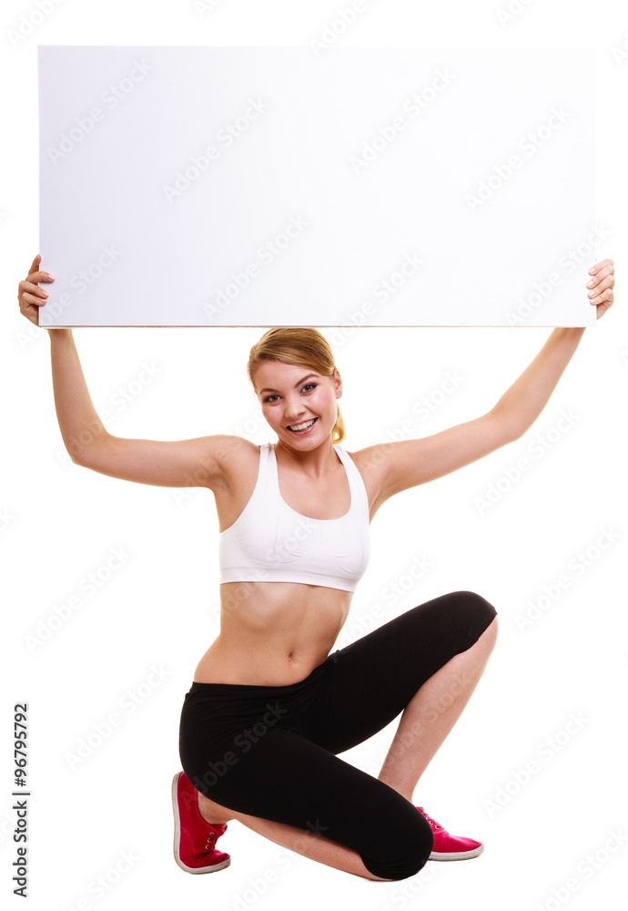 Fitness sporty woman holding blank empty ad banner Fitness sporty woman holding blank empty ad banner