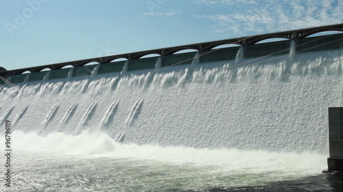 Wide pan shot of the spillway on the Grand Coulee hydroelectric dam in Washington, USA