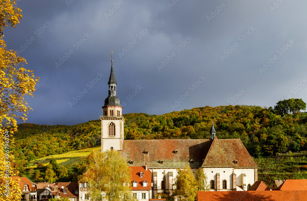 Vivid colors of autumn vineyards in Andlau, Alsace