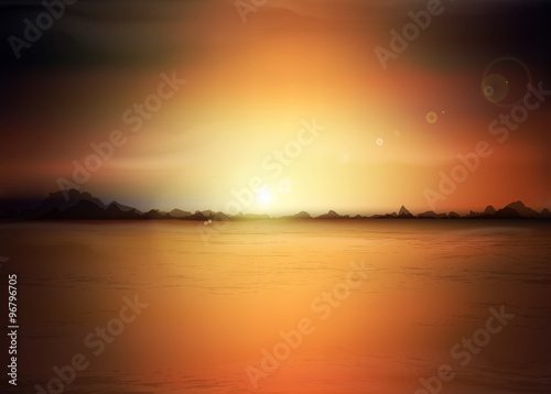 vector landscape with a rising sun and mountains