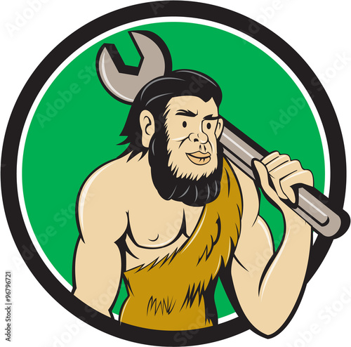 Neanderthal CaveMan With Spanner Circle Cartoon