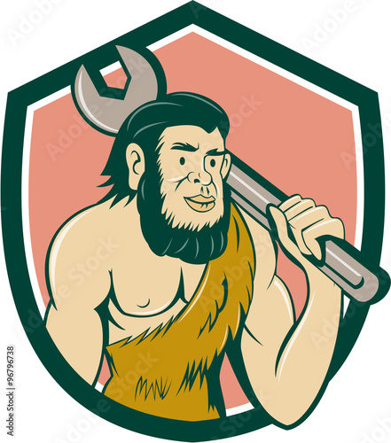 Neanderthal CaveMan With Spanner Crest Cartoon