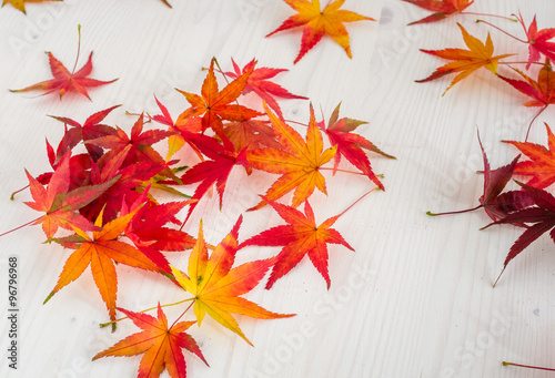 Tableau sur toile Autumn Leaves on a Wooden Table