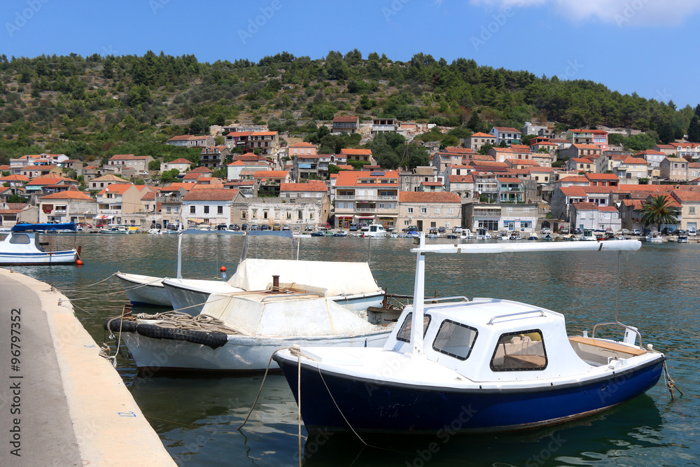 Small boats in the port of Vela Luka, on Korcula island, Croatia.