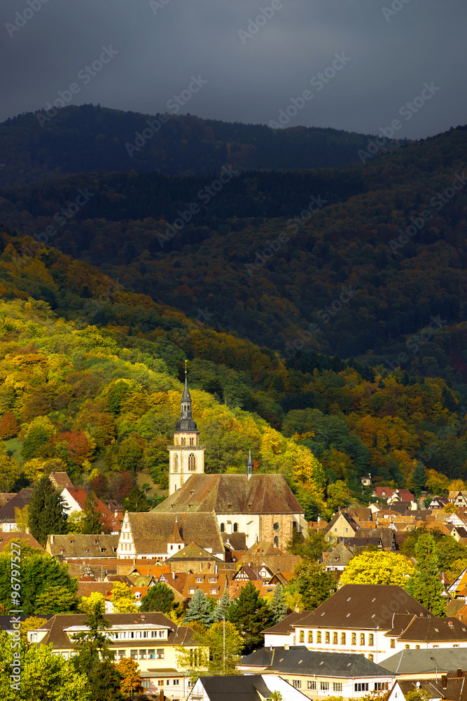 Vivid colors of autumn vineyards in Andlau, Alsace