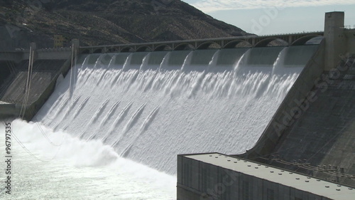 Medium wide shot of the spillway on the Grand Coulee hydroelectric dam in Washington, USA
