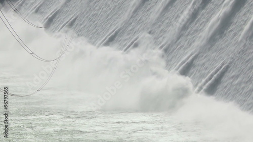 Close shot of the bottom portion of the spillway and cables of the Grand Coulee hydroelectric dam in Washington, USA
