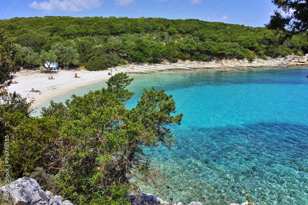 Blue waters of Emblisi Fiskardo Beach, Kefalonia, Ionian islands, Greece