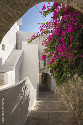 Idyllic way through cycladic white houses and pink flowers