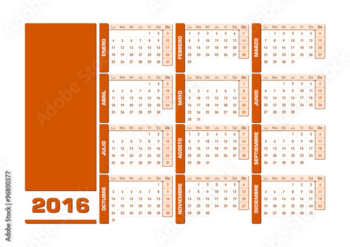 Calendario 2016 español castellano apaisado horizontal