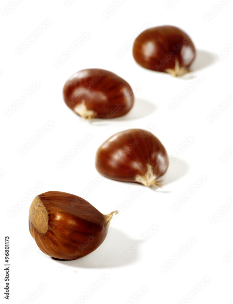 Four fresh shiny chestnuts isolated on a white background.
Soft focus. Four fresh shiny chestnuts isolated on a white background.
Soft focus.