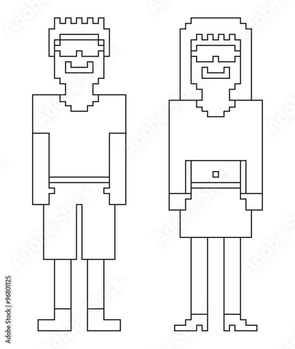 Coloring book - 2 isolated 8bit (pixel) humans - male and female