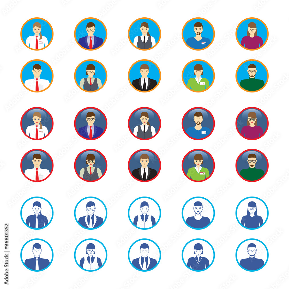 Male and female faces icons, avatars. Business people. Male and female faces icons, avatars. Business people.