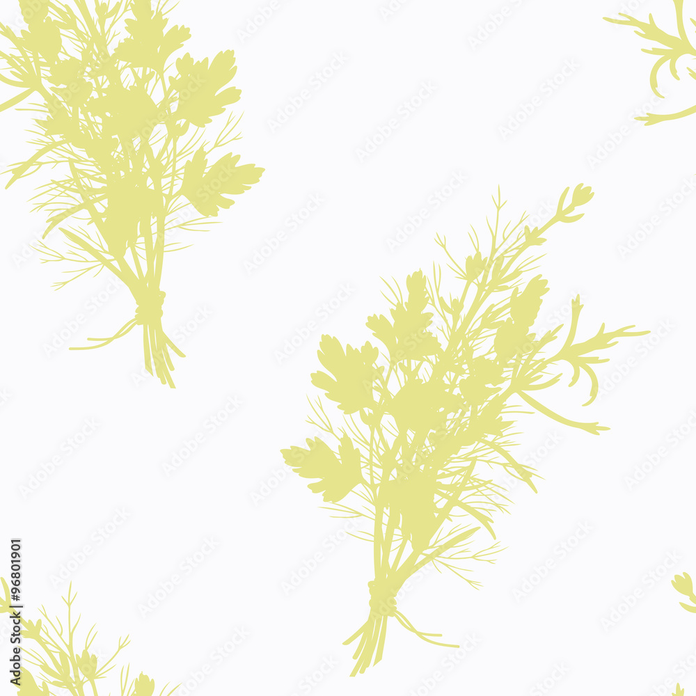 Hand drawn spicy herb bunch silhouette seamless pattern. Culinary background