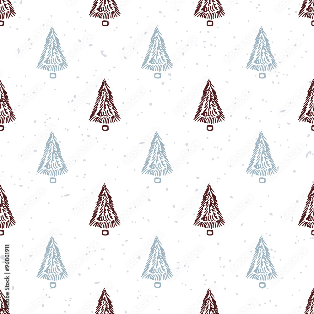 Seamless pattern with hand drawn christmas tree. Doodle holiday background