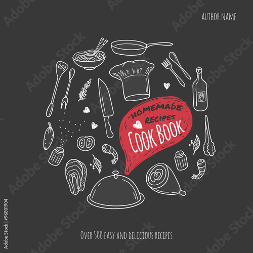 Cook book cover with hand drawn food illustrations. Culinary background