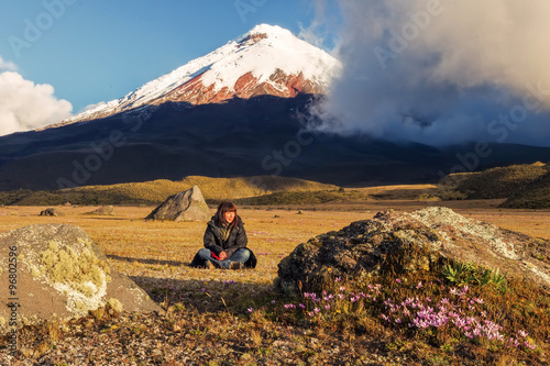 Young Woman Volcanologist In South America, Cotopaxi Volcano photo