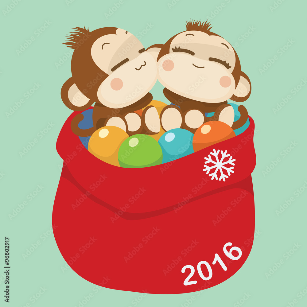 Fototapeta premium Cute monkey couple. Happy New Year 2016. Vector Illustration