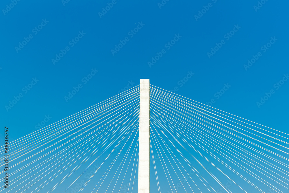 Structural detail against blue sky, Veterans Memorial stay bridge across the Mississippi River in St Louis. Structural detail against blue sky, Veterans Memorial stay bridge across the Mississippi River in St Louis.