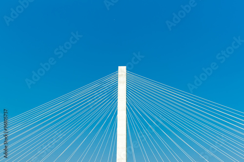 Structural detail against blue sky, Veterans Memorial stay bridge across the Mississippi River in St Louis.