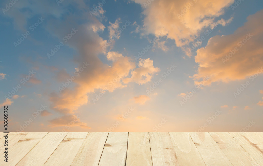 Empty of wooden table and view of sunset or sunrise background. For product display
