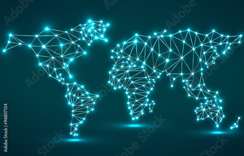 Abstract polygonal world map with glowing dots and lines, network connections. Vector illustration. Eps 10