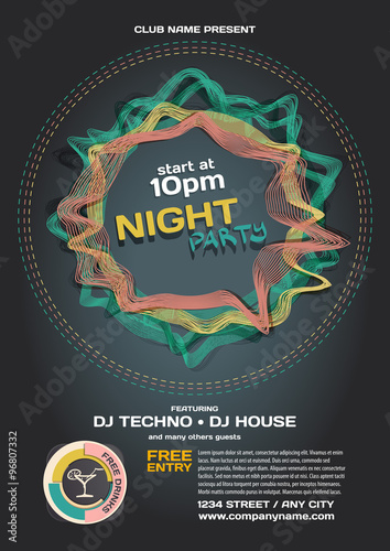 Vector night party invitation techno style. Vector template grap