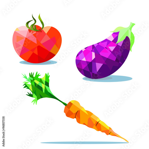 carrots, eggplant, tomato polygonal geometric vector illustration, isolated on white 

background. poly style.
