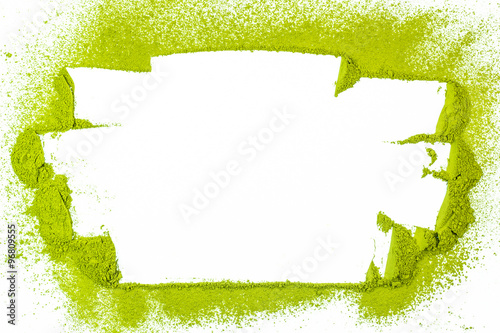 border surface close up of powdered green tea isolated on white