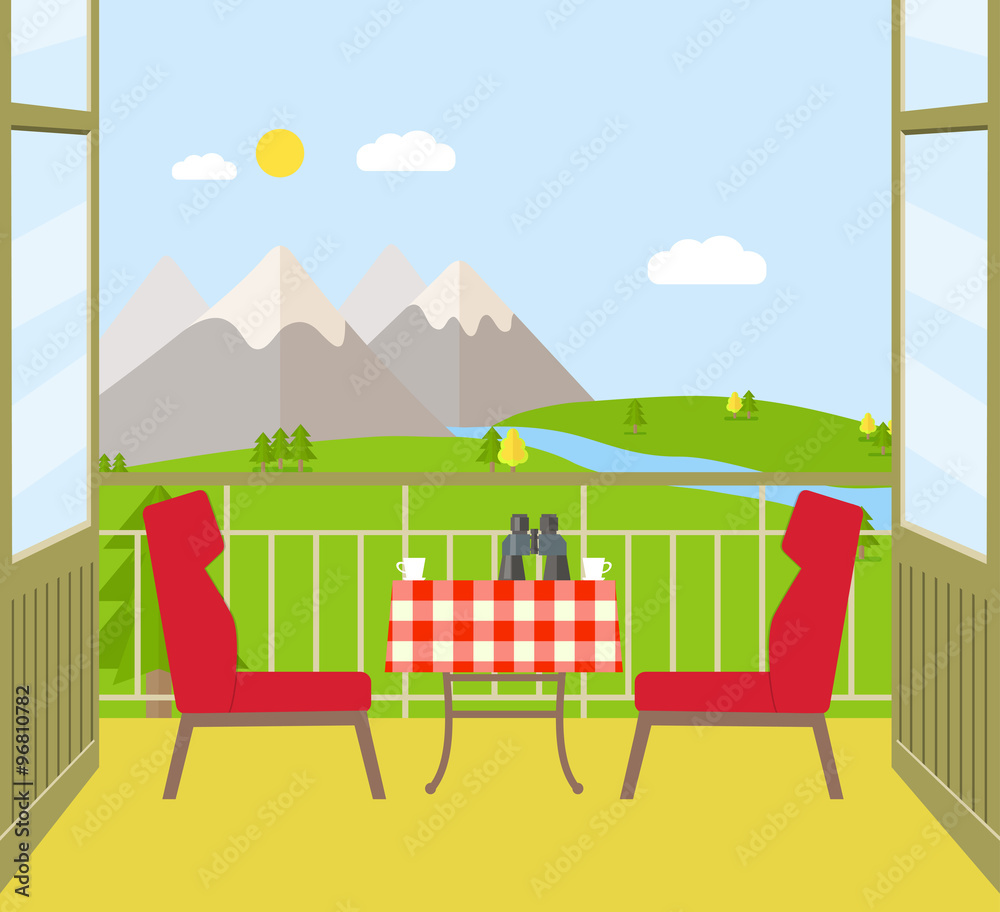 View from the balcony of the mountains and river. Vector flat illustration