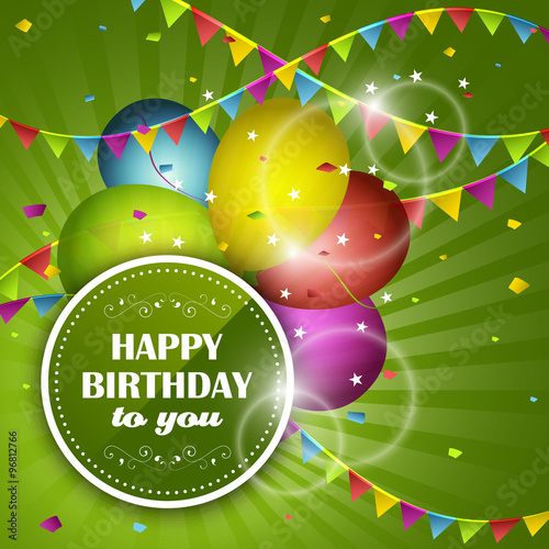 Happy Birthday greeting card. Party balloons, confetti and colorful flags.