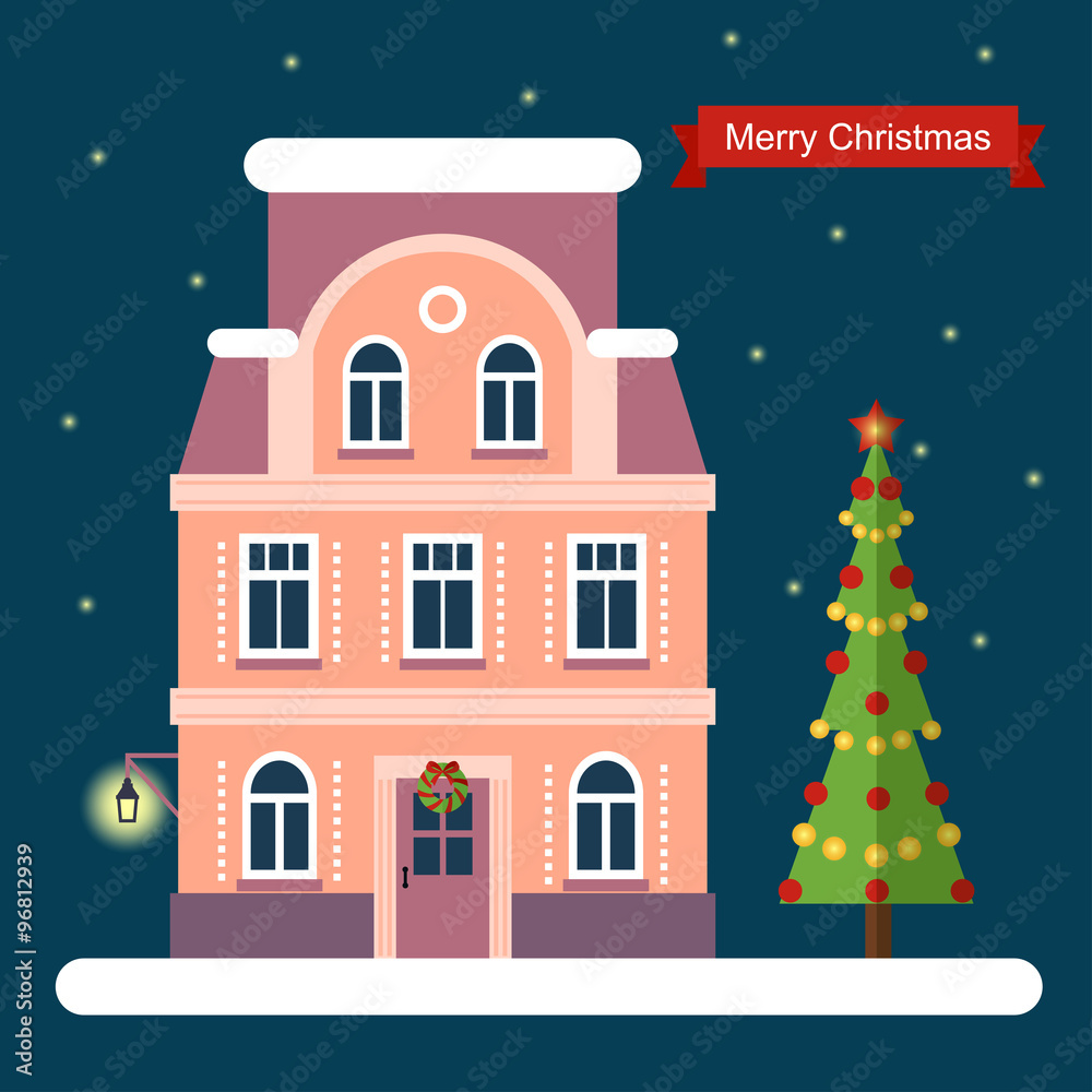 New Year and Christmas. House and christmas tree. vector flat illustration